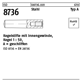 25 Stück, ISO 8736 Stahl Typ A Kegelstifte mit Innengewinde, Kegel 1 : 50, geschliffen - Abmessung: A 6 x 70