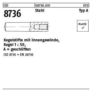 1 Stück, ISO 8736 Stahl Typ A Kegelstifte mit Innengewinde, Kegel 1 : 50, geschliffen - Abmessung: A 20 x 55