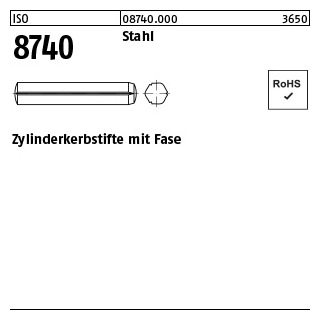 250 Stück, ISO 8740 Stahl Zylinderkerbstifte mit Fasen - Abmessung: 1,5 x 6