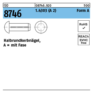 100 Stück, ISO 8746 1.4303 (A 2) Form A Halbrundkerbnägel, mit Fase - Abmessung: 1,4 x 4