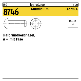 500 Stück, ISO 8746 Aluminium Form A Halbrundkerbnägel, mit Fase - Abmessung: 1,6 x 6