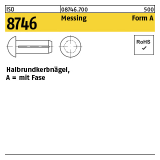 200 Stück, ISO 8746 Messing Form A Halbrundkerbnägel, mit Fase - Abmessung: 3 x 6