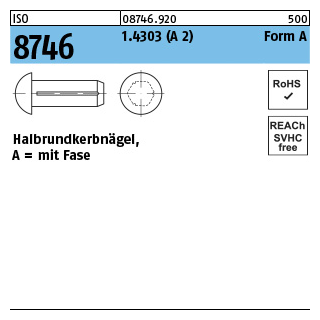 100 Stück, ISO 8746 1.4303 (A 2) Form A Halbrundkerbnägel, mit Fase - Abmessung: 3 x 10
