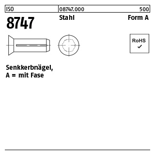 500 Stück, ISO 8747 Stahl Form A Senkkerbnägel, mit Fase - Abmessung: 3 x 12