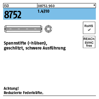 100 Stück, ISO 8752 1.4310 Spannstifte (-hülsen), geschlitzt, schwere Ausführung - Abmessung: 1 x 10