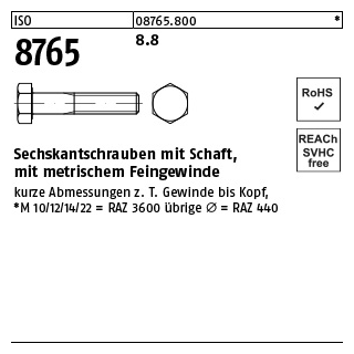 200 Stück, ISO 8765 8.8 Sechskantschrauben mit Schaft, mit metrischem Feingewinde - Abmessung: M 8 x1 x 40