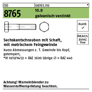 100 Stück, ISO 8765 10.9 galvanisch verzinkt Sechskantschrauben mit Schaft, mit metrischem Feingewinde - Abmessung: M 10 x1 x 45