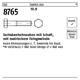 100 Stück, ISO 8765 10.9 Sechskantschrauben mit Schaft, mit metrischem Feingewinde - Abmessung: M 12 x1,5 x 45