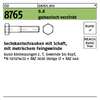 100 Stück, ISO 8765 8.8 galvanisch verzinkt Sechskantschrauben mit Schaft, mit metrischem Feingewinde - Abmessung: M 12x1,5 x 45