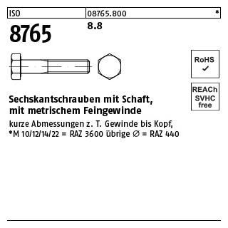 50 Stück, ISO 8765 8.8 Sechskantschrauben mit Schaft, mit metrischem Feingewinde - Abmessung: M 12 x1,25x110