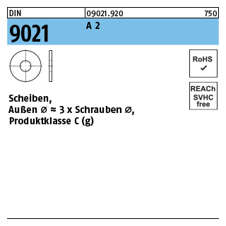 100 Stück, DIN 9021 A 2 Scheiben, Außen Ø ~3 x Schrauben Ø, Produktklasse C - Abmessung: 3,2 x 9 x0,8