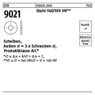 5000 Stück, DIN 9021 Stahl 140/100 HV Scheiben, Außen Ø ~3 x Schrauben Ø, Produktklasse A/C - Abmessung: 4,3 x12 x1