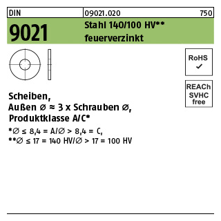 1000 Stück, DIN 9021 Stahl 140/100 HV feuerverzinkt Scheiben, Außen Ø ~3 x Schrauben Ø, Produktklasse A/C - Abmessung: 6,4 x18 x1,6