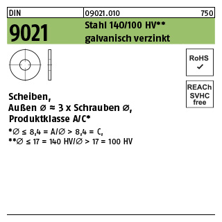 100 Stück, DIN 9021 Stahl 140/100 HV galvanisch verzinkt Scheiben, Außen Ø ~3 x Schrauben Ø, Produktklasse A/C - Abmessung: 7,4 x 22 x2