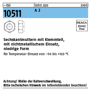 1000 Stück, ~ISO 10511 A 2 Sechskantmuttern mit Klemmteil, mit nichtmetallischem Einsatz, niedrige Form - Abmessung: M 3