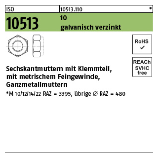 100 Stück, ISO 10513 10 galvanisch verzinkt Sechskantmuttern mit Klemmteil, mit metr. Feingewinde, Ganzmetallmuttern - Abmessung: M 8 x 1