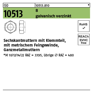 50 Stück, ISO 10513 8 galvanisch verzinkt Sechskantmuttern mit Klemmteil, mit metr. Feingewinde, Ganzmetallmuttern - Abmessung: M 18 x 1,5