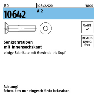 100 Stück, ISO 10642 A 2 Senkschrauben mit Innensechskant - Abmessung: M 3 x 4