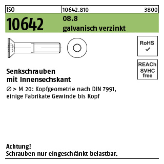 500 Stück, ISO 10642 08.8 galvanisch verzinkt Senkschrauben mit Innensechskant - Abmessung: M 3 x 5