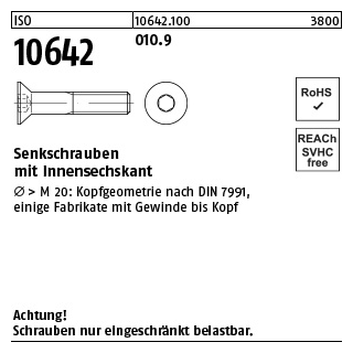 500 Stück, ISO 10642 010.9 Senkschrauben mit Innensechskant - Abmessung: M 3 x 6