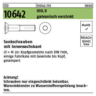 500 Stück, ISO 10642 010.9 galvanisch verzinkt Senkschrauben mit Innensechskant - Abmessung: M 3 x 6