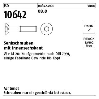 100 Stück, ISO 10642 08.8 Senkschrauben mit Innensechskant - Abmessung: M 3 x 6