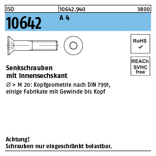 100 Stück, ISO 10642 A 4 Senkschrauben mit Innensechskant - Abmessung: M 4 x 6