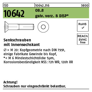 500 Stück, ISO 10642 08.8 galv. verz. 8 DiSP Senkschrauben mit Innensechskant - Abmessung: M 4 x 10