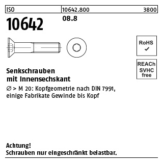 500 Stück, ISO 10642 08.8 Senkschrauben mit Innensechskant - Abmessung: M 4 x 22