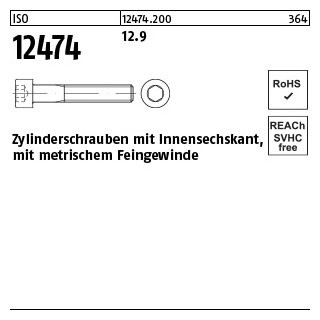 200 Stück, ISO 12474 12.9 Zylinderschrauben mit Innensechskant, mit metrischem Feingewinde - Abmessung: M 10 x1,25x 20