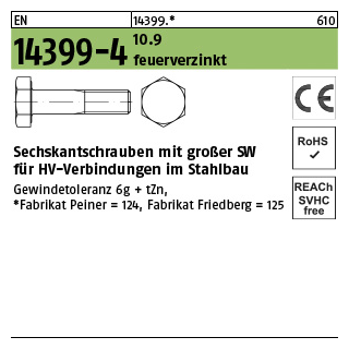 1 Stück, EN 14399-4 10.9 feuerverzinkt -P- Sechskantschrauben mit großer SW für HV-verbindungen im Stahlbau - Abmessung: M 12 x 35