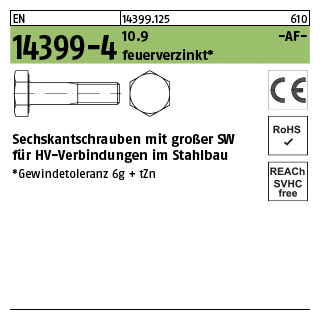 1 Stück, EN 14399-4 10.9 feuerverzinkt -AF- Sechskantschrauben mit großer SW für HV-verbindungen im Stahlbau - Abmessung: M 12 x 35