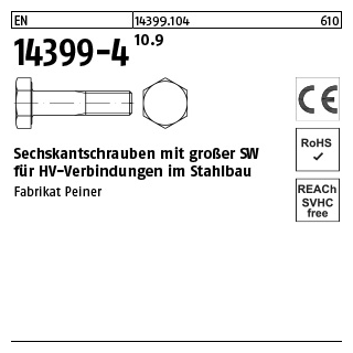 1 Stück, EN 14399-4 10.9 -P- Sechskantschrauben mit großer SW für HV-verbindungen im Stahlbau - Abmessung: M 12 x 40