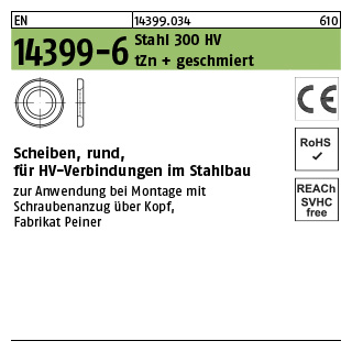 20 Stück, EN 14399-6 Stahl 300 HV tZn + geschmiert -P- Scheiben, rund, für HV-verbindungen im Stahlbau - Abmessung: 16 (17x30x4)