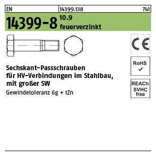 1 Stück, EN 14399-8 10.9 feuerverzinkt -P- Sechskant-Passschrauben mit großer SW für HV-verbindungen im Stahlbau - Abmessung: M 16 x 50