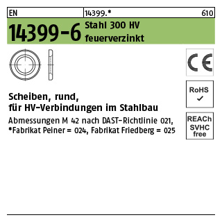 1 Stück, EN 14399-6 Stahl 300 HV feuerverzinkt -P- Scheiben, rund, für HV-verbindungen im Stahlbau - Abmessung: 24 (25x44x4)