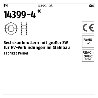 1 Stück, EN 14399-4 10 -P- Sechskantmuttern mit großer SW für HV-verbindungen im Stahlbau - Abmessung: M 24