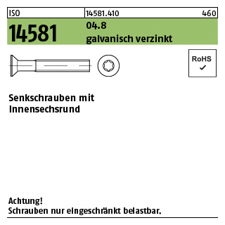 2000 Stück, ISO 14581 04.8 galvanisch verzinkt Senkschrauben mit Innensechsrund - Abmessung: M 3 x 4