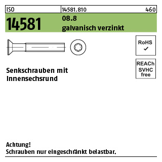 500 Stück, ISO 14581 08.8 galvanisch verzinkt Senkschrauben mit Innensechsrund - Abmessung: M 4 x 8