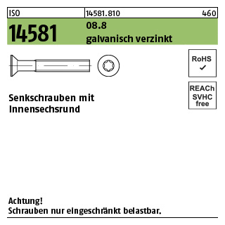 500 Stück, ISO 14581 08.8 galvanisch verzinkt Senkschrauben mit Innensechsrund - Abmessung: M 4 x 12