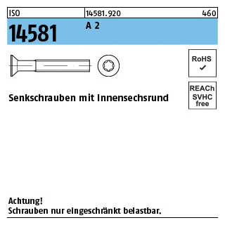 500 Stück, ISO 14581 A 2 Senkschrauben mit Innensechsrund - Abmessung: M 4 x 35 -T20