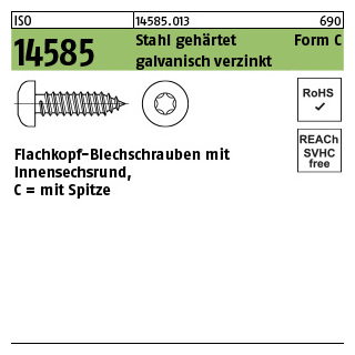 2000 Stück, ISO 14585 Stahl, geh. Form C galvanisch verzinkt Flachkopf-Blechschrauben mit Spitze, mit Innensechsrund - Abmessung: 2,2 x 6,5-C