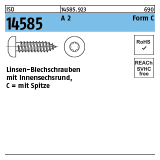 1000 Stück, ISO 14585 A 2 Form C - ISR Flachkopf-Blechschrauben mit Spitze, mit Innensechsrund - Abmessung: 4,2 x 13 -C