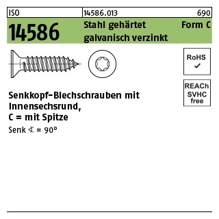 1000 Stück, ISO 14586 Stahl, geh. Form C galvanisch verzinkt Senkkopf-Blechschrauben mit Spitze, mit Innensechsrund - Abmessung: 2,9x 6,5 -C