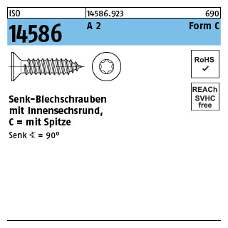 1000 Stück, ISO 14586 A 2 Form C- ISR Senk-Blechschrauben, mit Spitze, mit Innensechsrund - Abmessung: 2,9 x 6,5 -C