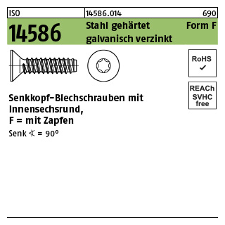 1000 Stück, ISO 14586 Stahl, geh. Form F galvanisch verzinkt Senk-Blechschrauben, mit Zapfen, mit Innensechsrund - Abmessung: 3,9 x 9,5 -F