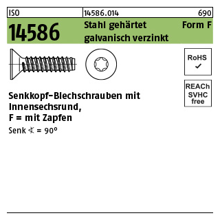100 Stück, ISO 14586 Stahl, geh. Form F galvanisch verzinkt Senk-Blechschrauben, mit Zapfen, mit Innensechsrund - Abmessung: 4,8 x 90 -F