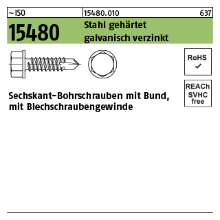 1000 Stück, ~ISO 15480 Stahl, geh. galvanisch verzinkt Sechskant-Bohrschrauben mit Bund, mit Blechschraubengewinde - Abmessung: ST 3,5 x 22