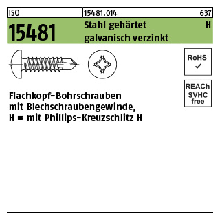 1000 Stück, ISO 15481 Stahl, geh. H galvanisch verzinkt Flachkopf-Bohrschrauben mit Blechschraubengew., Phillips-KS H - Abmessung: ST 2,9 x 13 -H