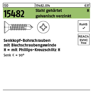 1000 Stück, ISO 15482 Stahl, geh. H galvanisch verzinkt Senk-Bohrschrauben mit Blechschraubengew., Phillips-KS H - Abmessung: ST 2,9 x 13 -H